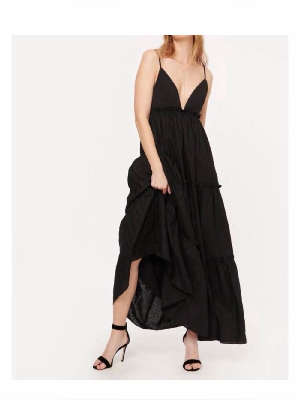CAMI NYC XS GENEVIEVE DRESS BLACK tiered maxi linen blend